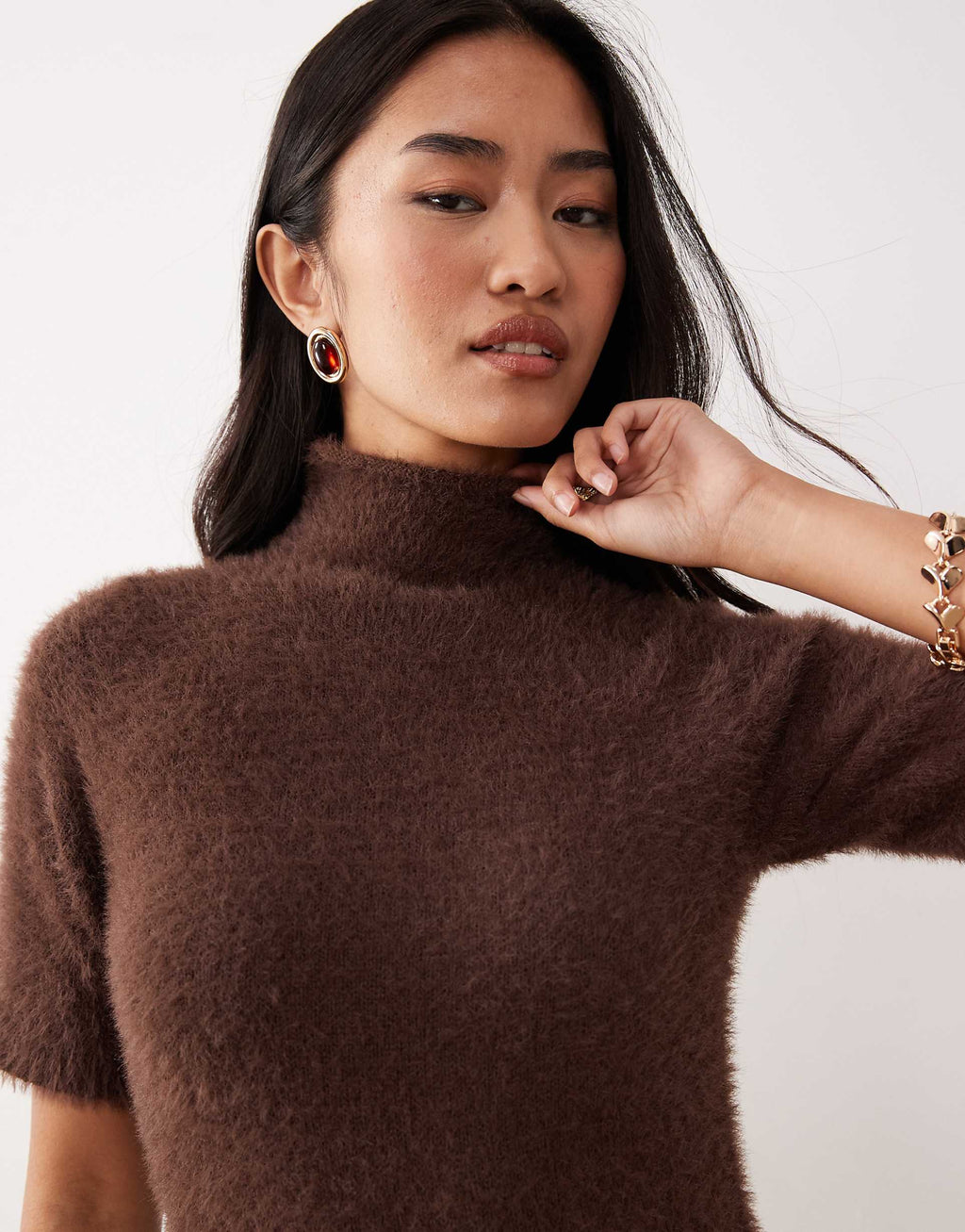 Pretty Lavish fluffy knit turtle neck short sleeve maxi dress in brown