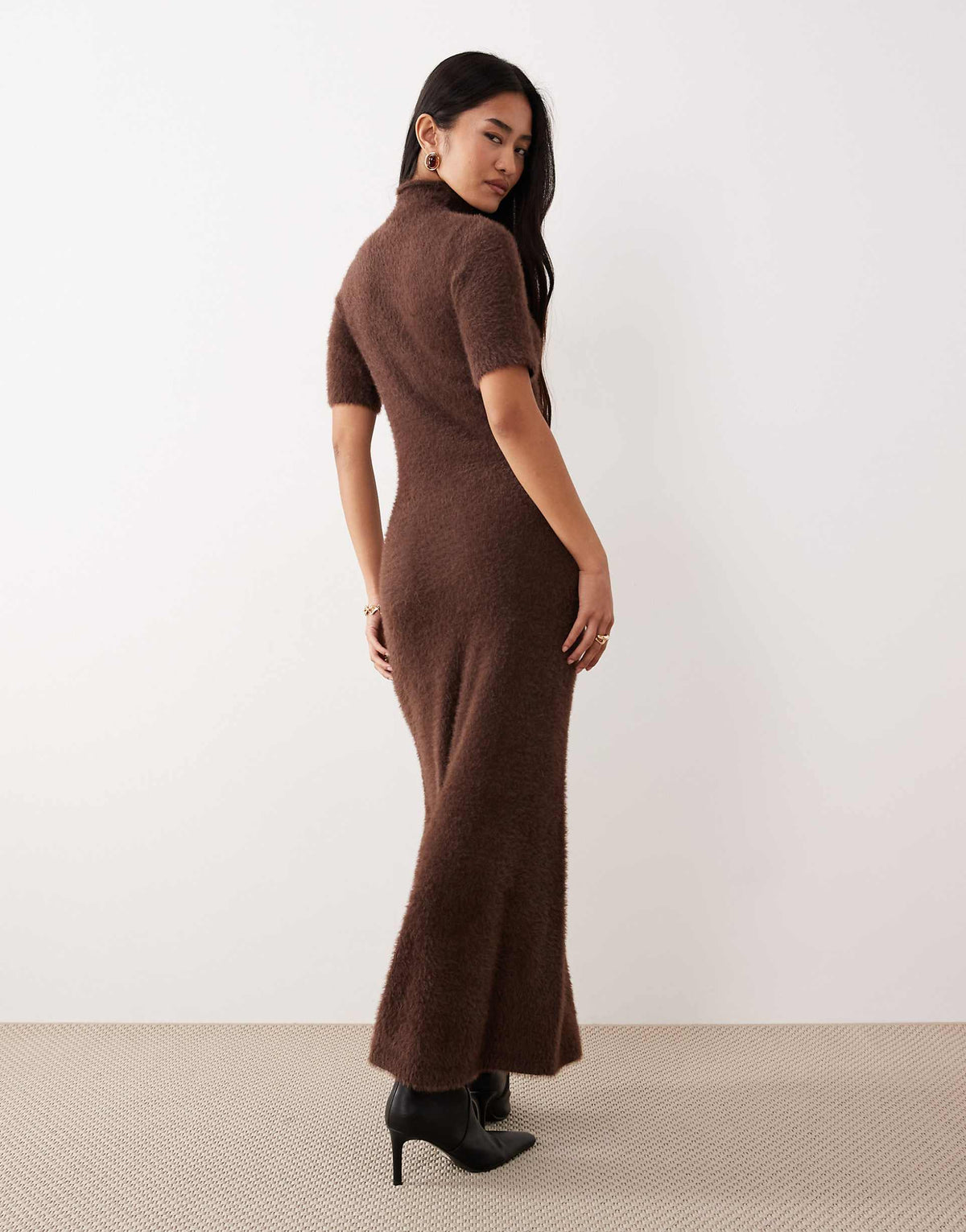 Pretty Lavish fluffy knit turtle neck short sleeve maxi dress in brown