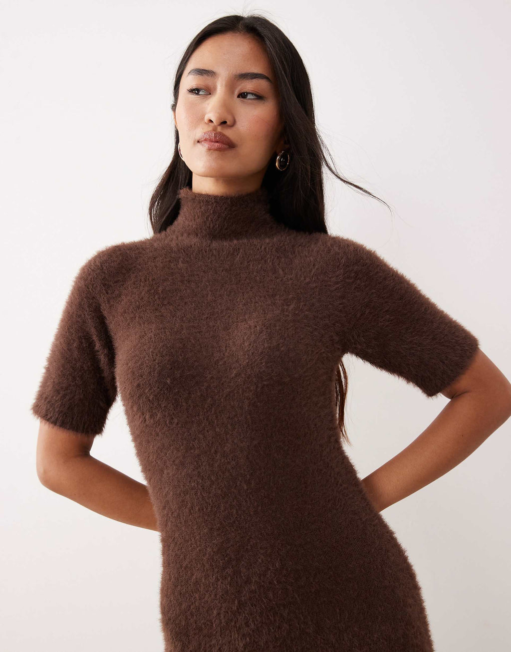 Pretty Lavish fluffy knit turtle neck short sleeve maxi dress in brown