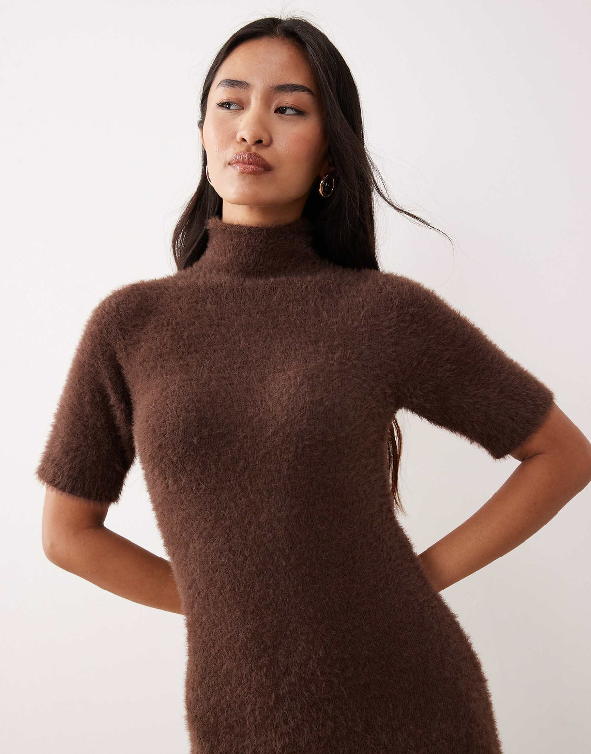 Pretty Lavish fluffy knit turtle neck short sleeve maxi dress in brown