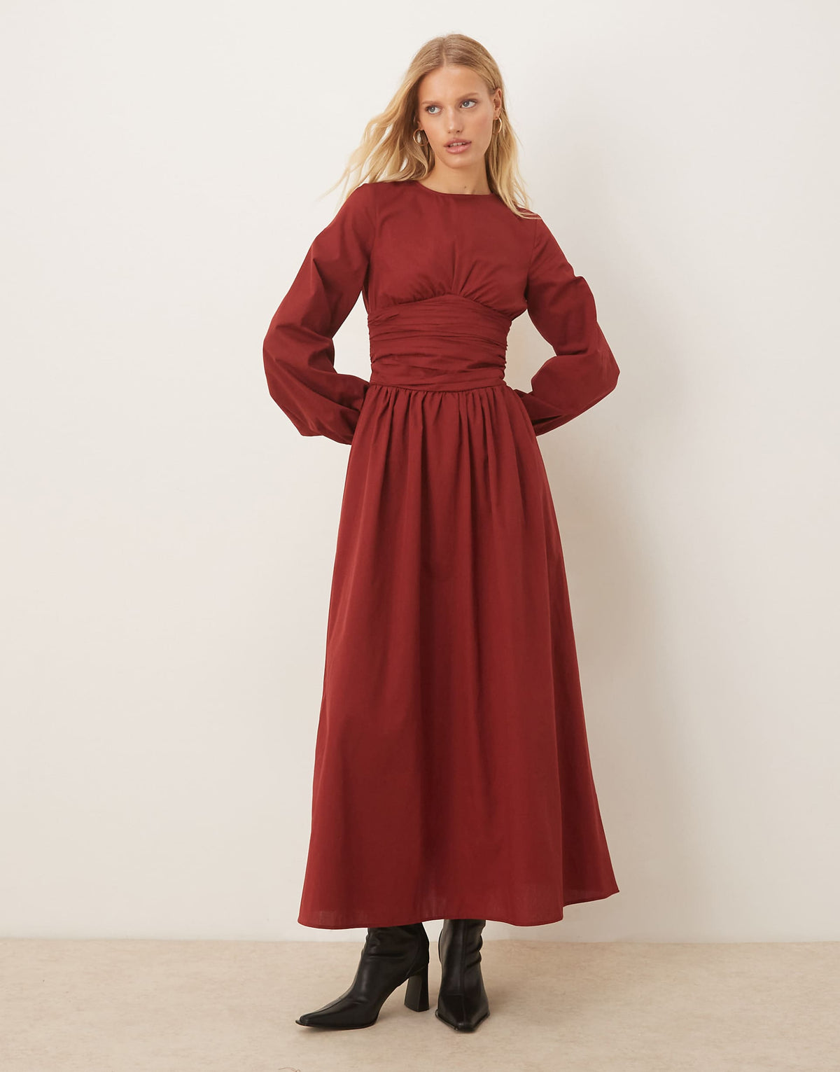ASOS DESIGN poplin crew neck maxi dress with ruched waist and volume sleeves in burgundy