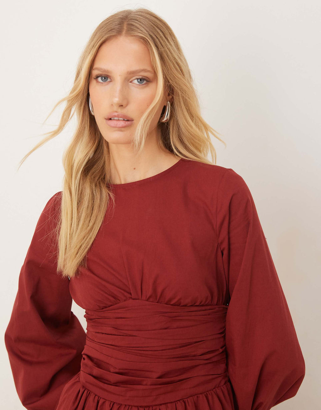 ASOS DESIGN poplin crew neck maxi dress with ruched waist and volume sleeves in burgundy