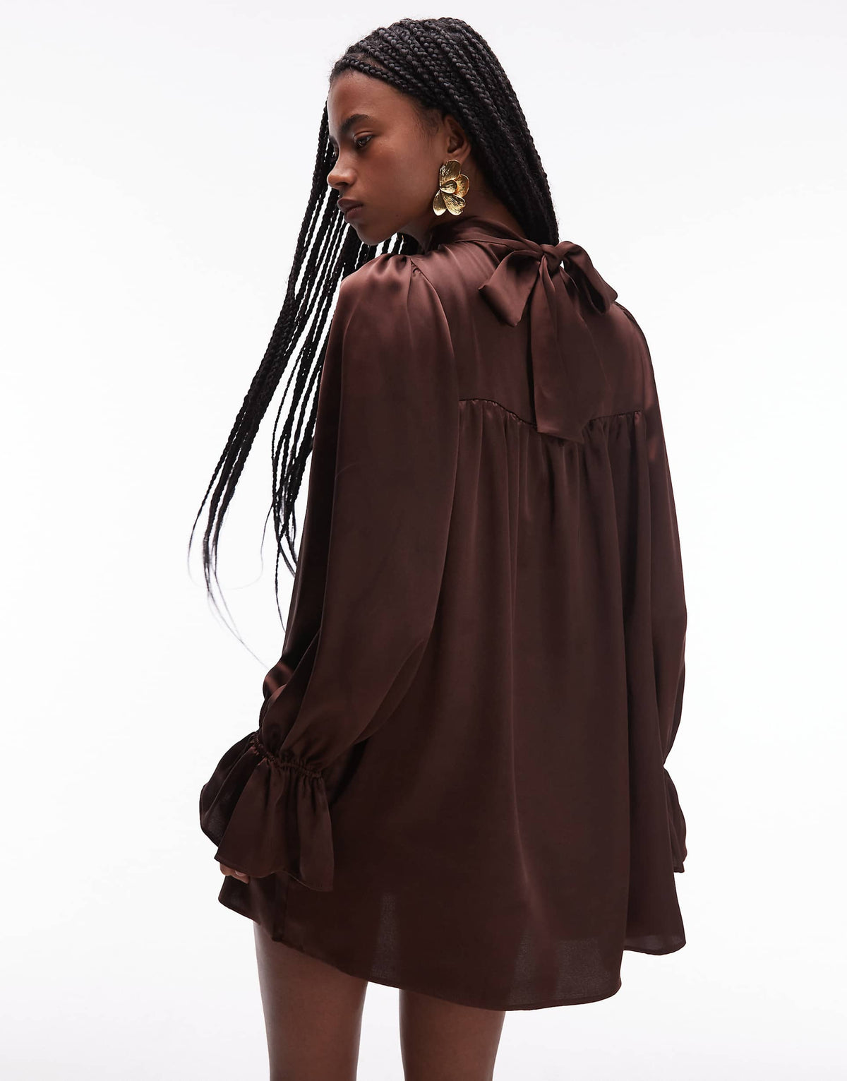 ASOS DESIGN satin high neck blouson sleeve mini dress in chocolate