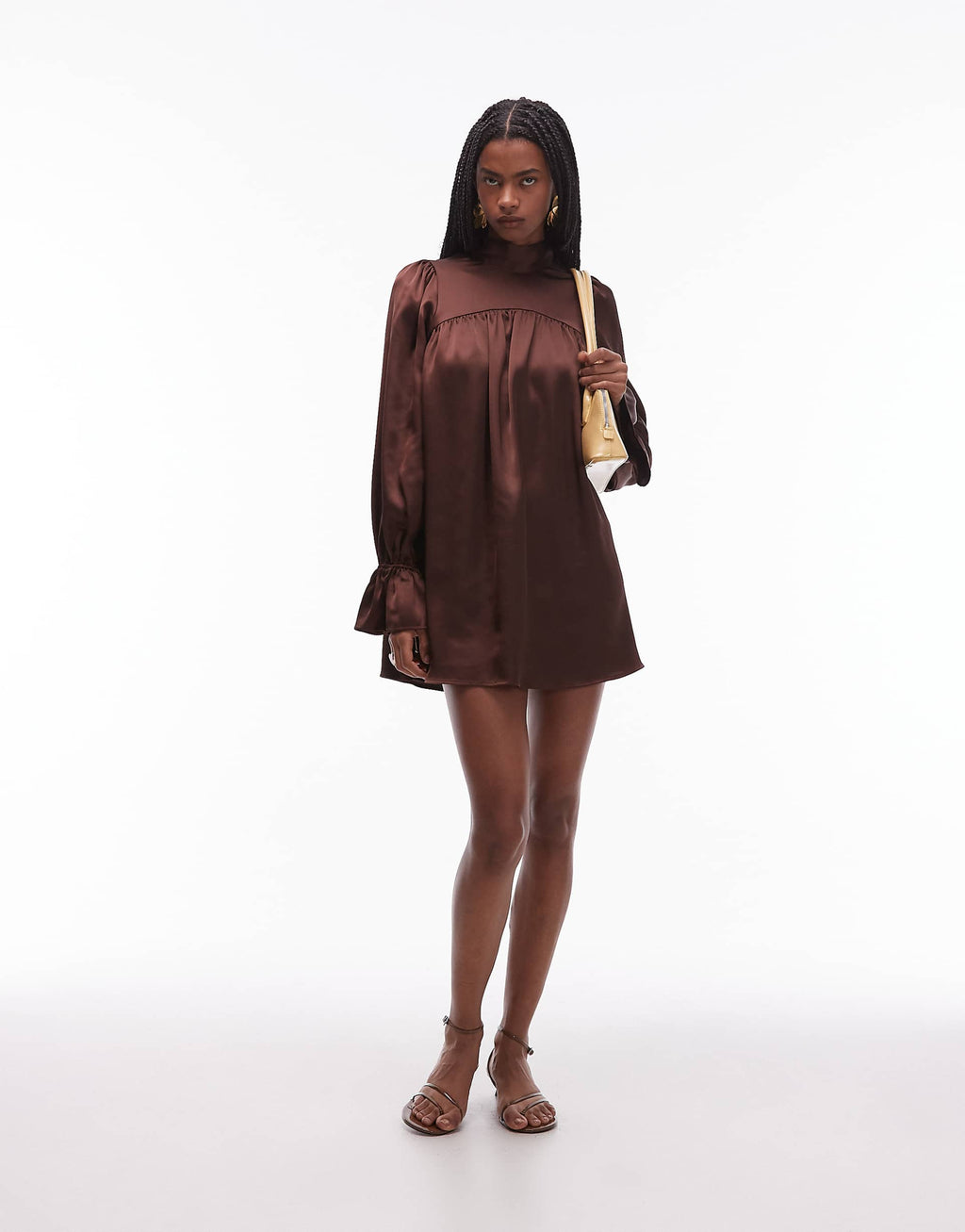 ASOS DESIGN satin high neck blouson sleeve mini dress in chocolate