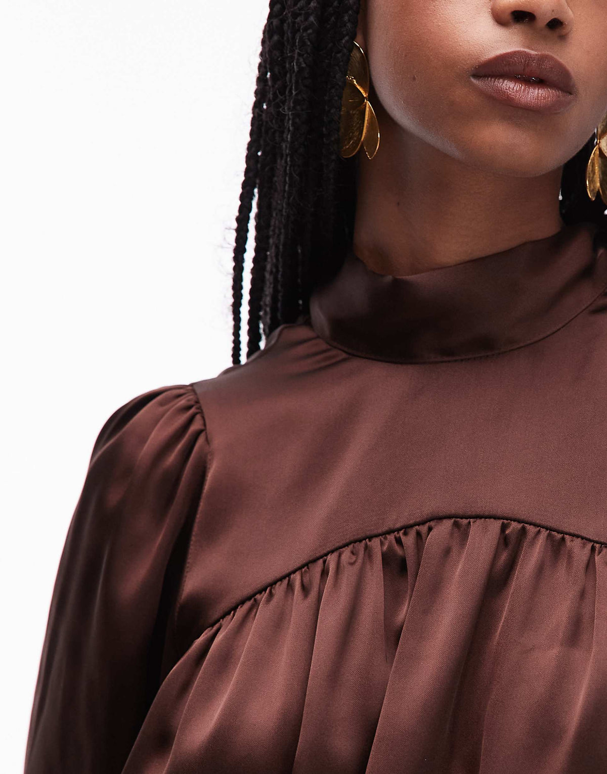 ASOS DESIGN satin high neck blouson sleeve mini dress in chocolate