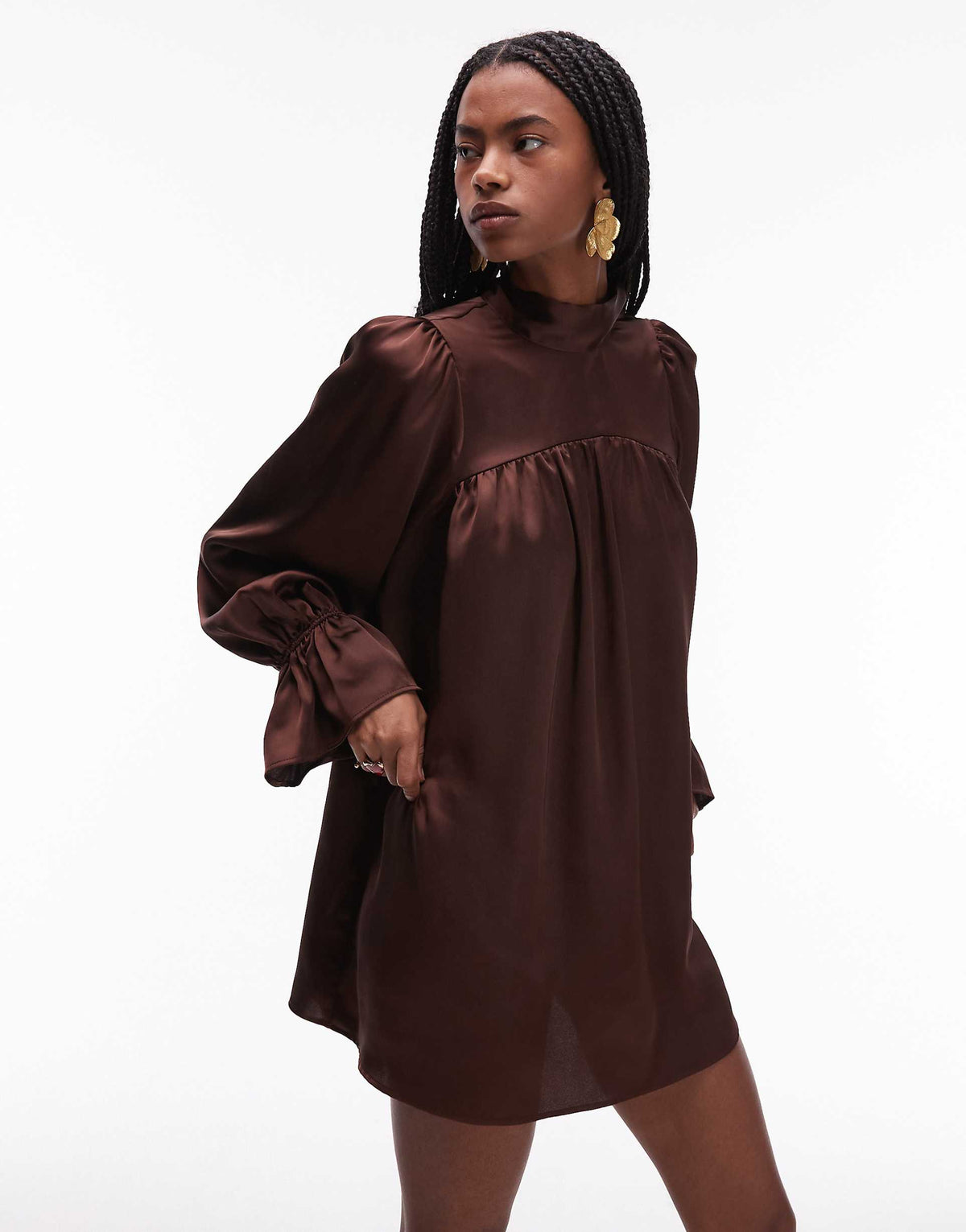 ASOS DESIGN satin high neck blouson sleeve mini dress in chocolate