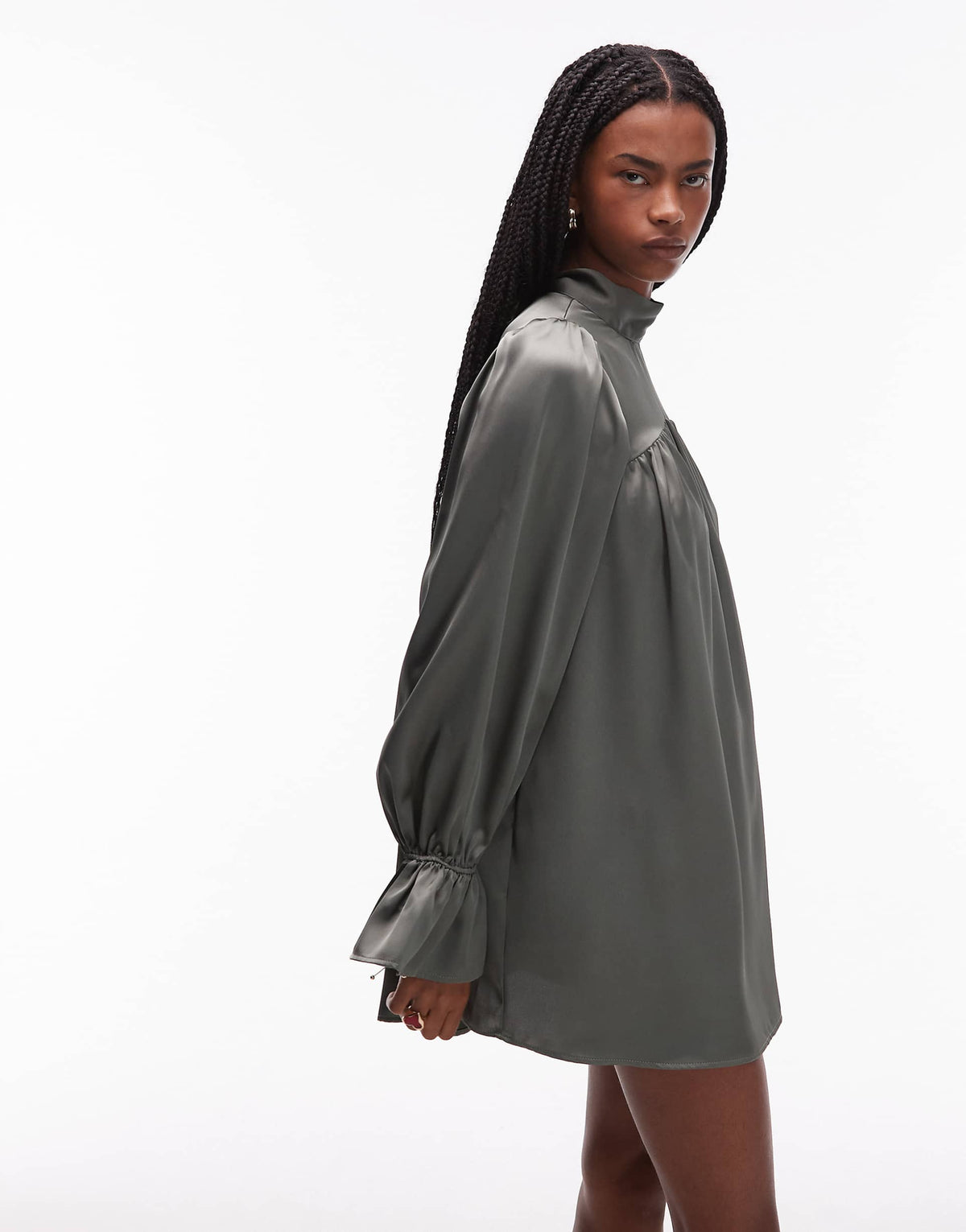 ASOS DESIGN satin high neck blouson sleeve mini dress in khaki