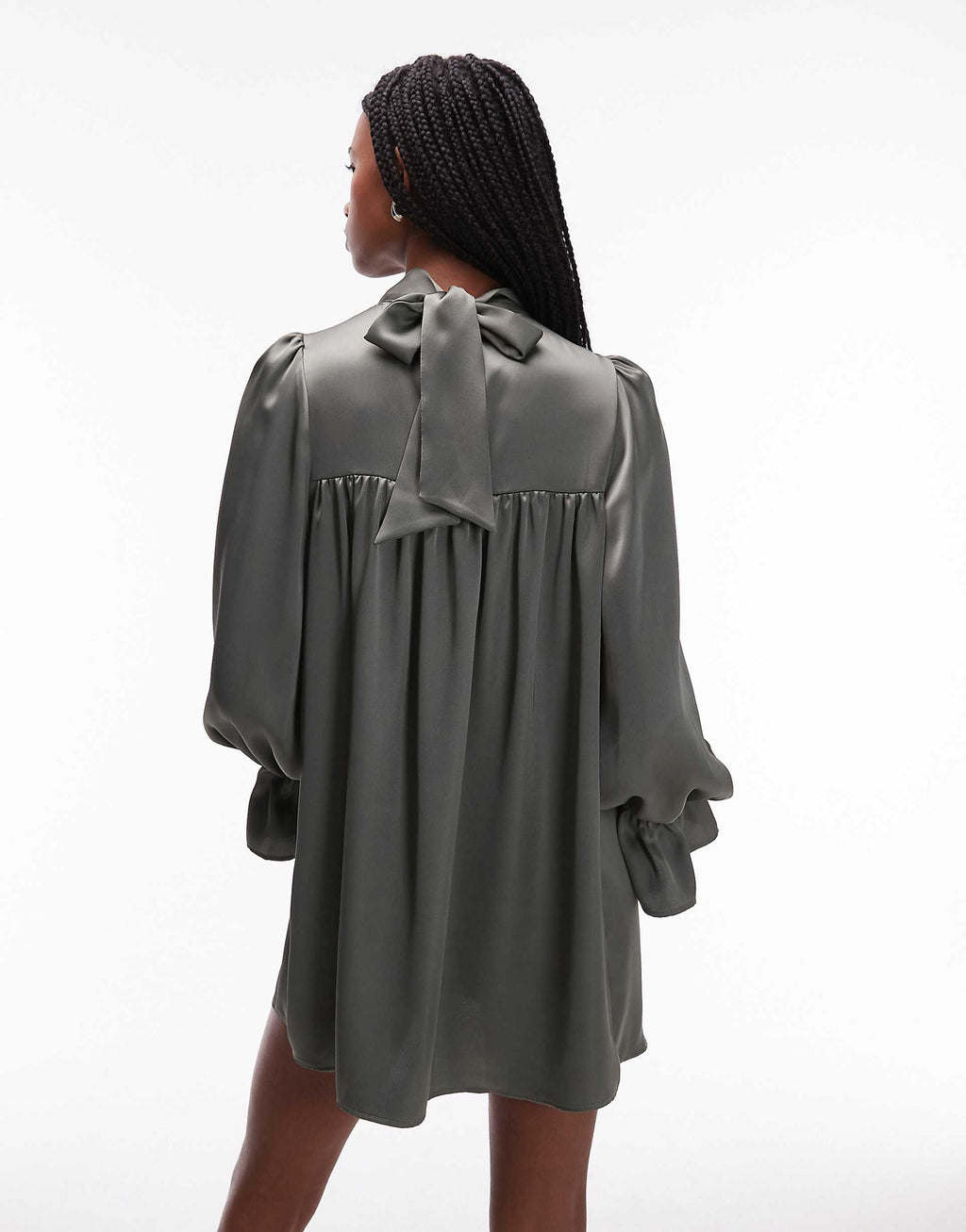 ASOS DESIGN satin high neck blouson sleeve mini dress in khaki