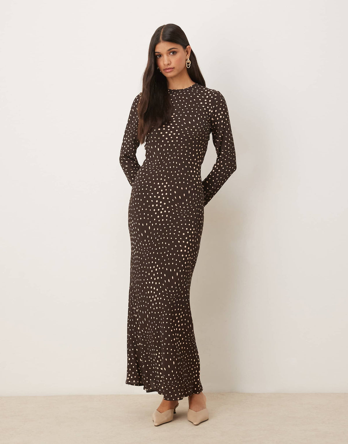 ASOS DESIGN crew neck long sleeve maxi dress in brown dot