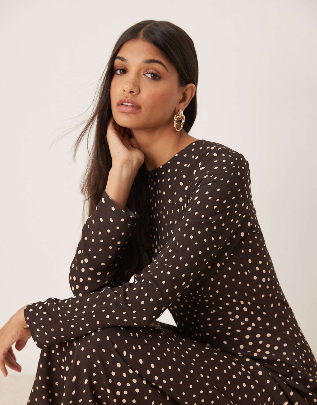 ASOS DESIGN crew neck long sleeve maxi dress in brown dot