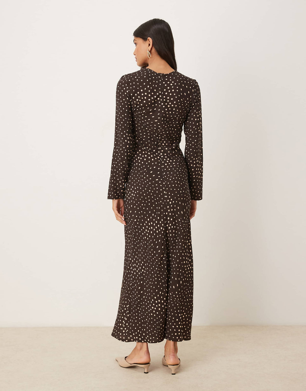 ASOS DESIGN crew neck long sleeve maxi dress in brown dot