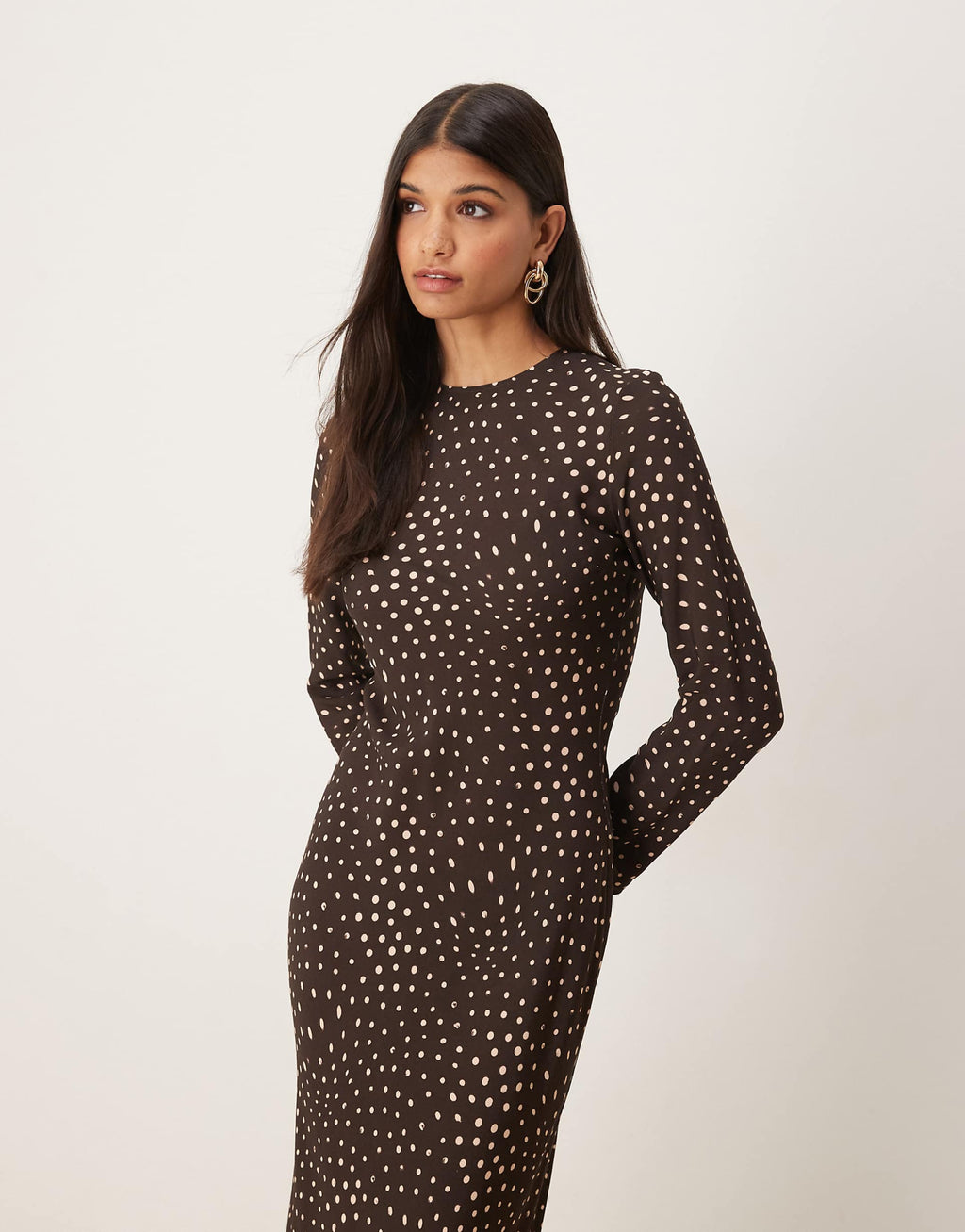 ASOS DESIGN crew neck long sleeve maxi dress in brown dot