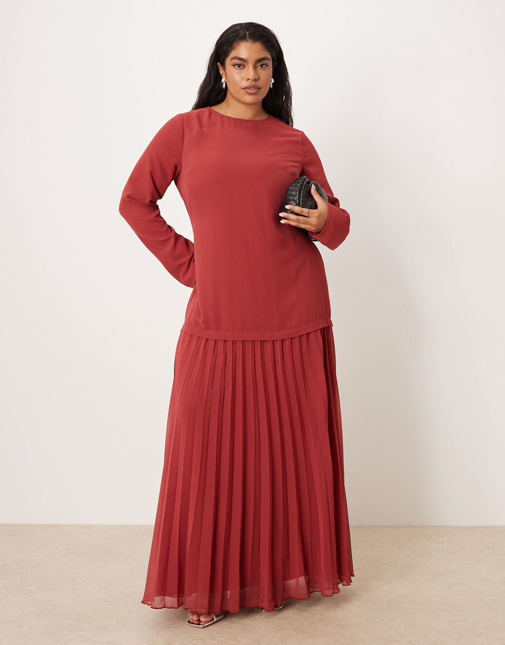 ASOS DESIGN Curve long sleeve pleated skirt maxi dress in deep red