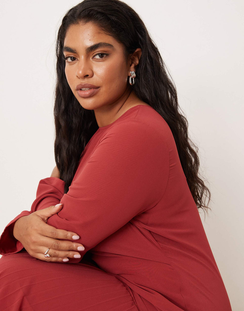 ASOS DESIGN Curve long sleeve pleated skirt maxi dress in deep red
