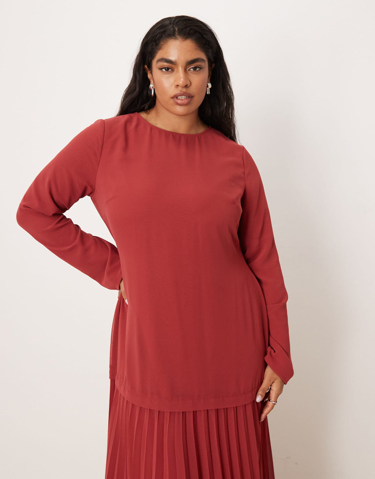 ASOS DESIGN Curve long sleeve pleated skirt maxi dress in deep red