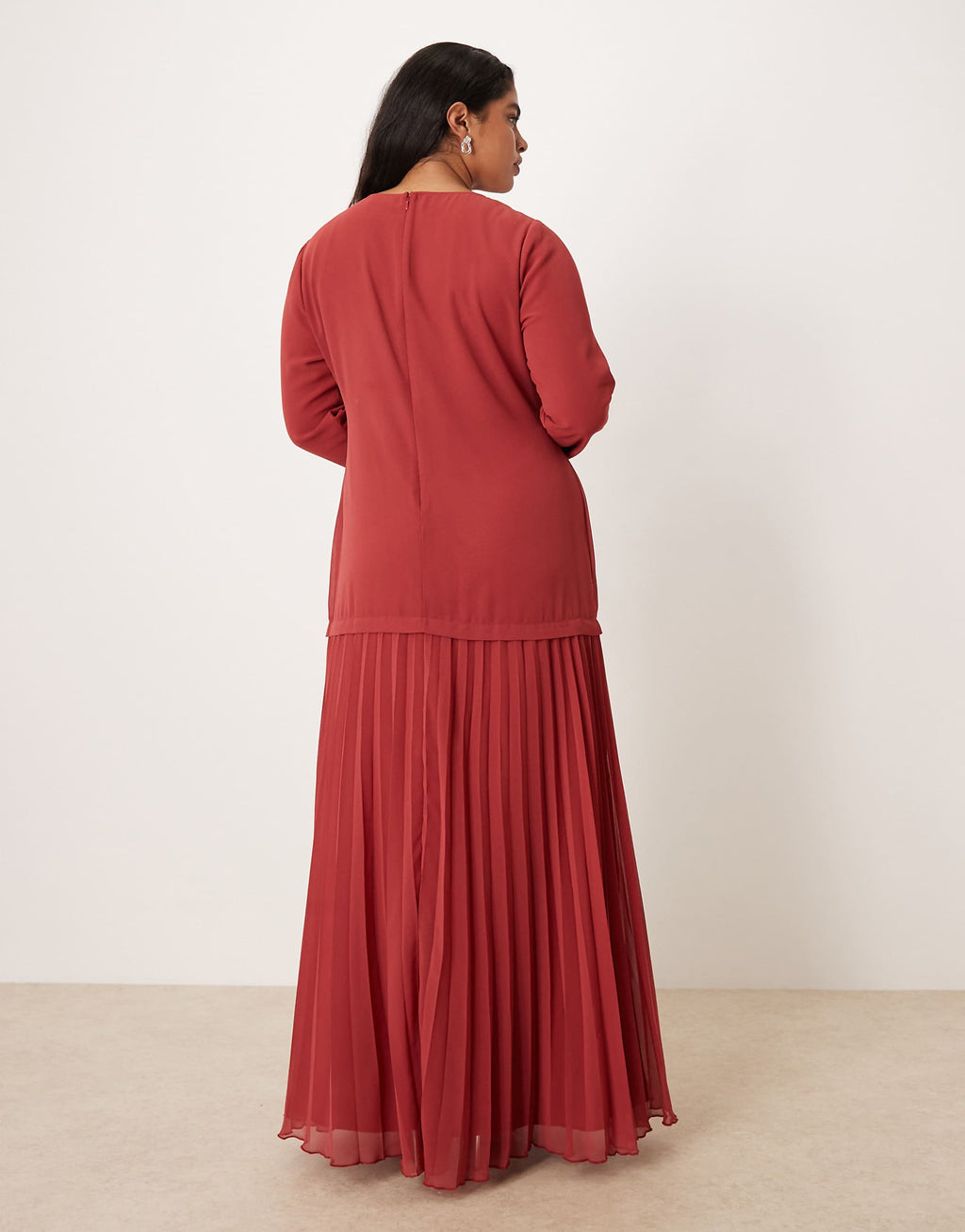 ASOS DESIGN Curve long sleeve pleated skirt maxi dress in deep red
