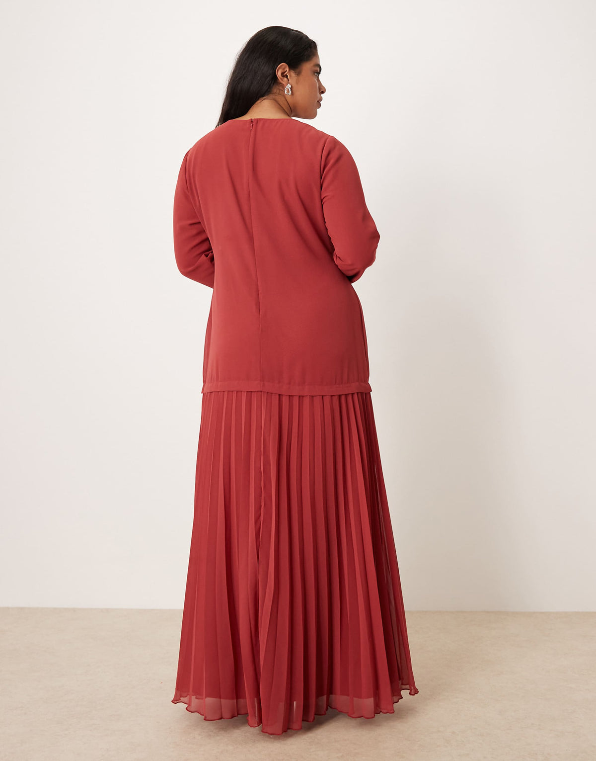 ASOS DESIGN Curve long sleeve pleated skirt maxi dress in deep red