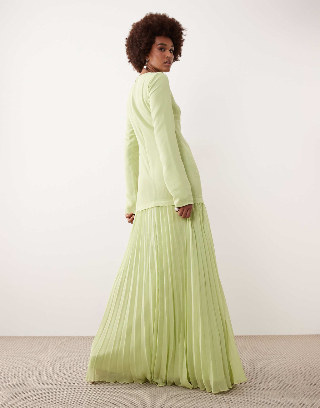ASOS DESIGN Tall long sleeved pleated skirt maxi dress in light green