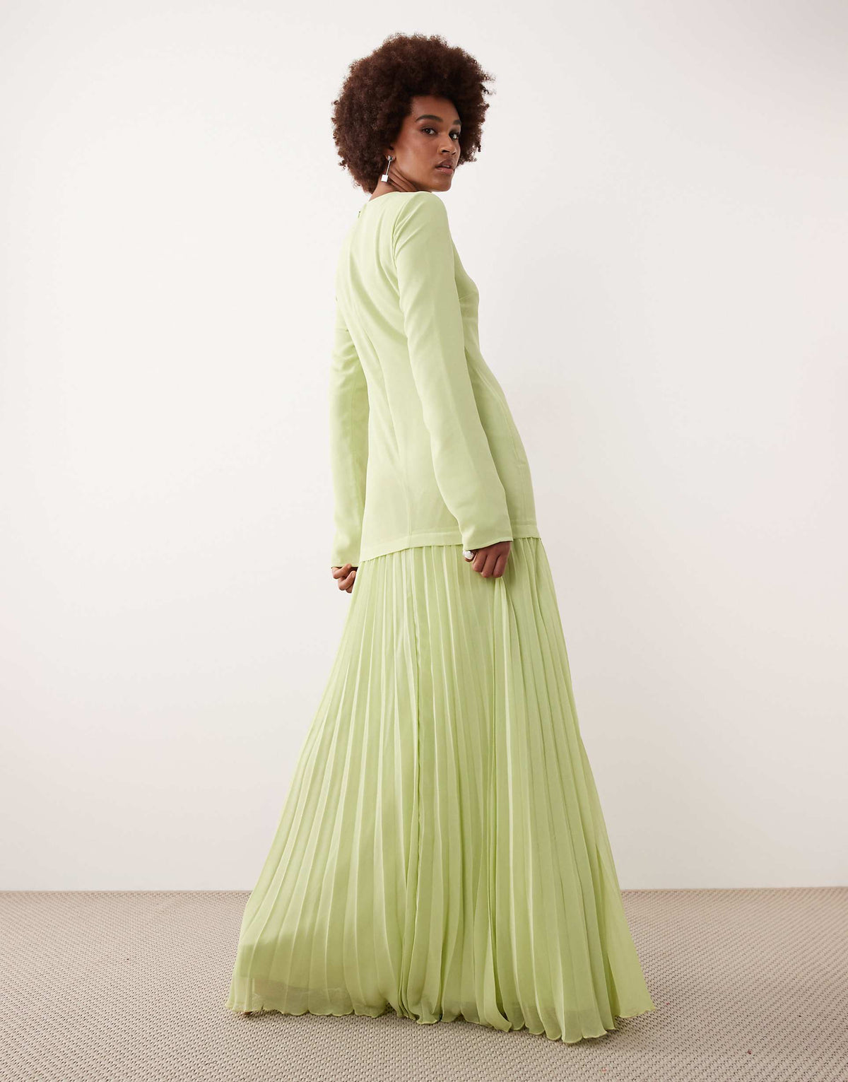 ASOS DESIGN Tall long sleeved pleated skirt maxi dress in light green