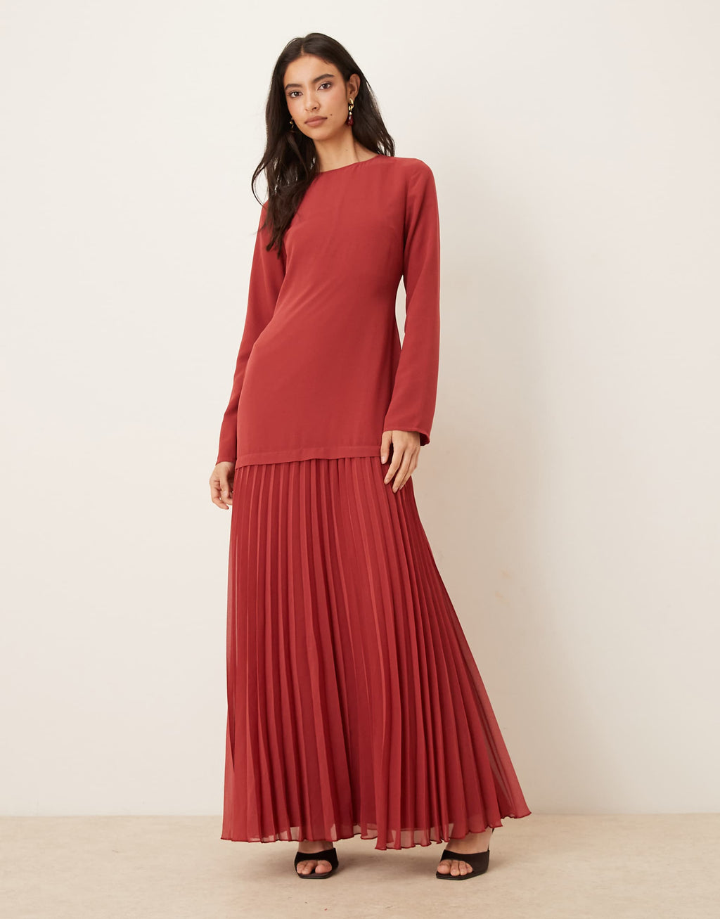 ASOS DESIGN long sleeve pleated skirt maxi dress in deep red
