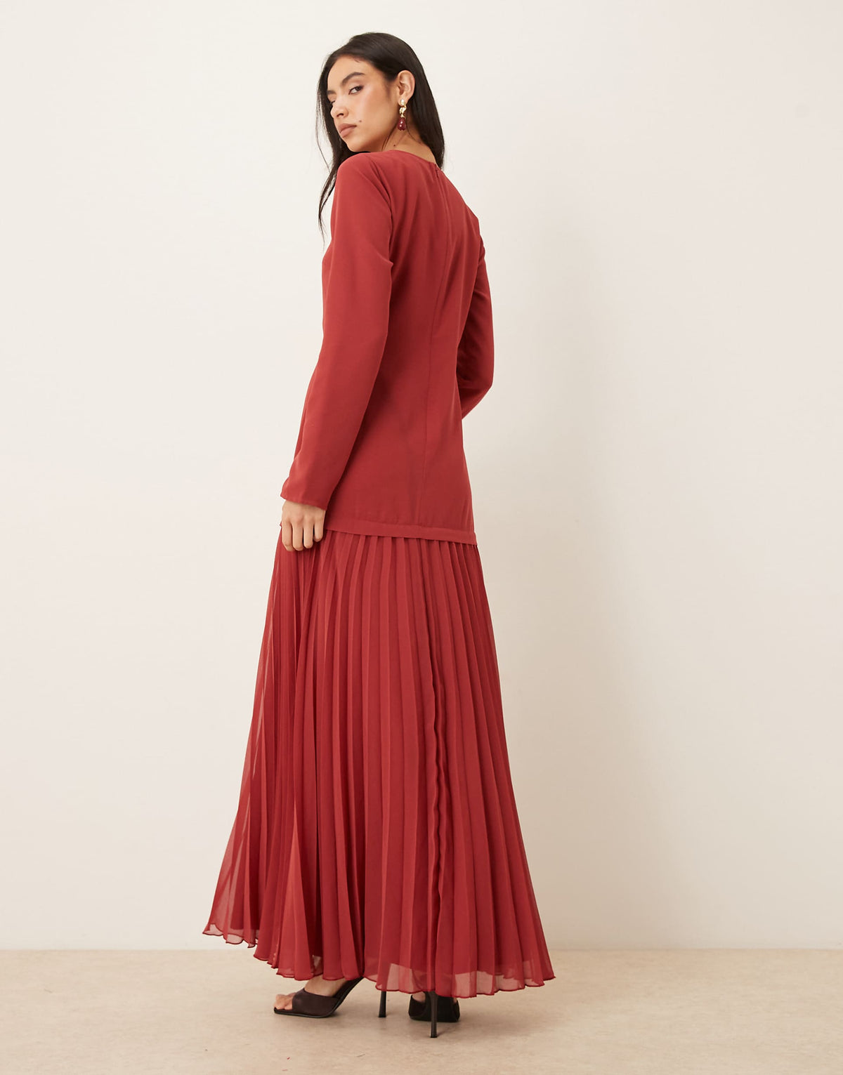 ASOS DESIGN long sleeve pleated skirt maxi dress in deep red