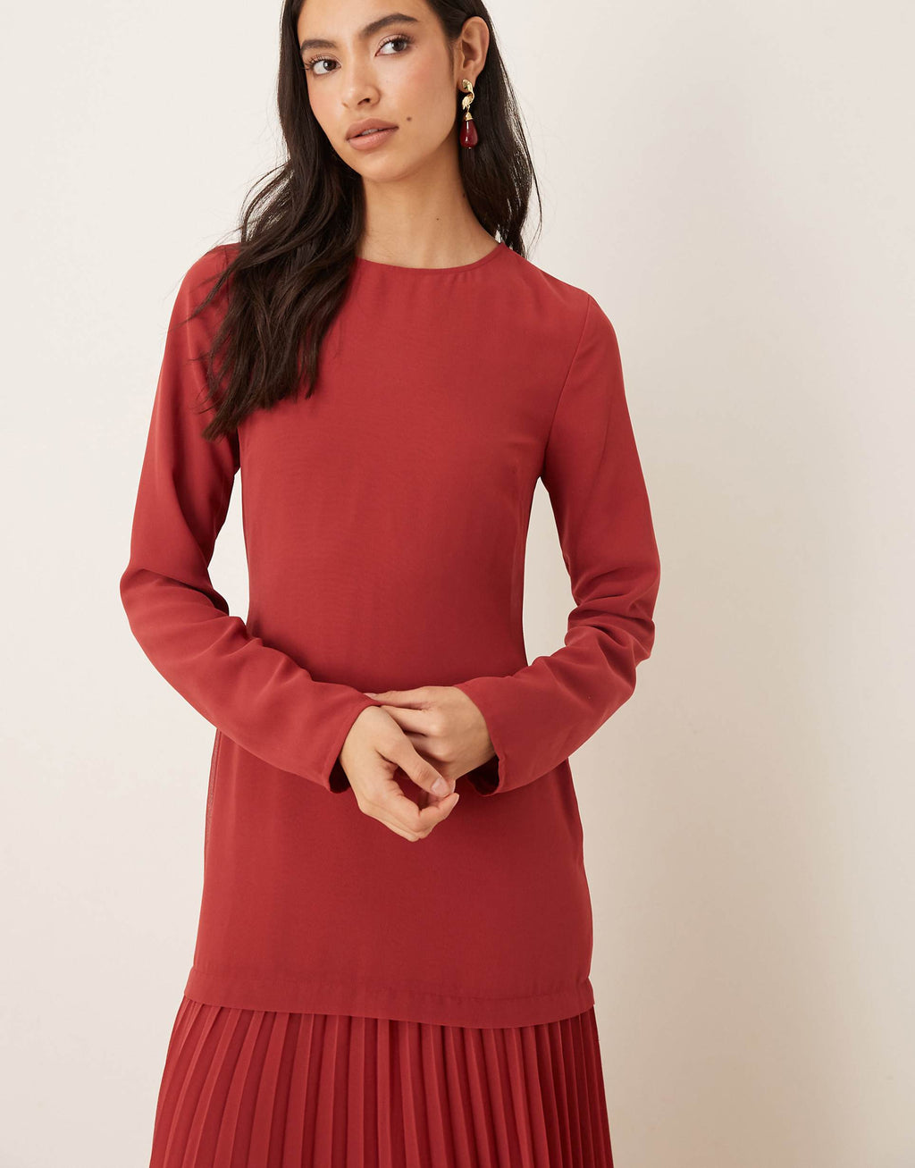 ASOS DESIGN long sleeve pleated skirt maxi dress in deep red
