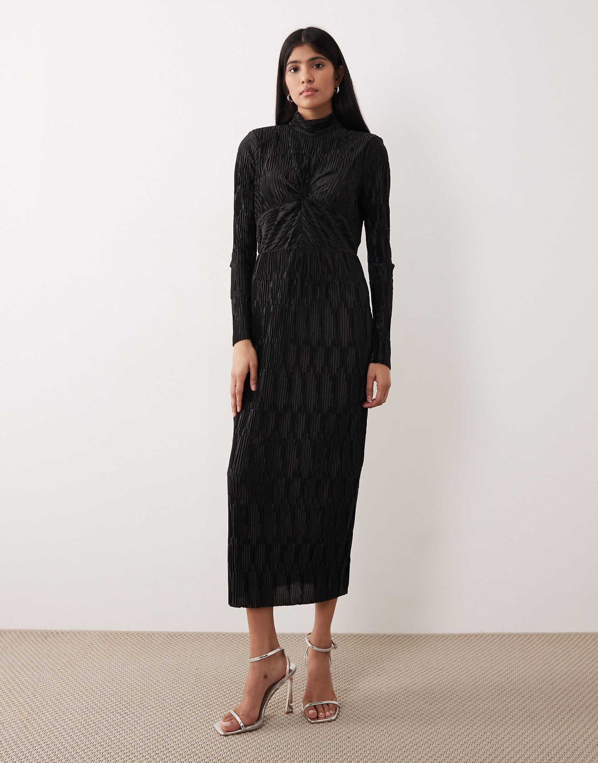 YAS high neck textured satin maxi dress in bright black