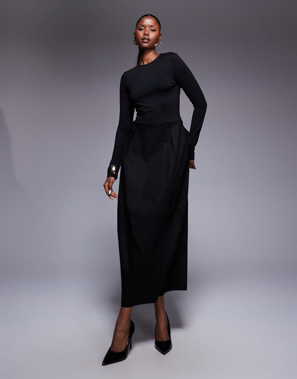 ASOS DESIGN hybrid long sleeve cocoon skirt midi dress in black