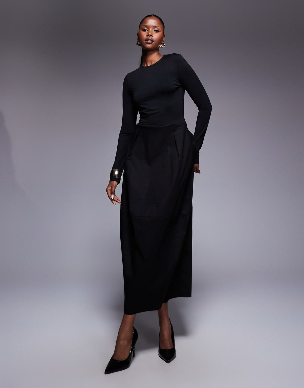 ASOS DESIGN hybrid long sleeve cocoon skirt midi dress in black