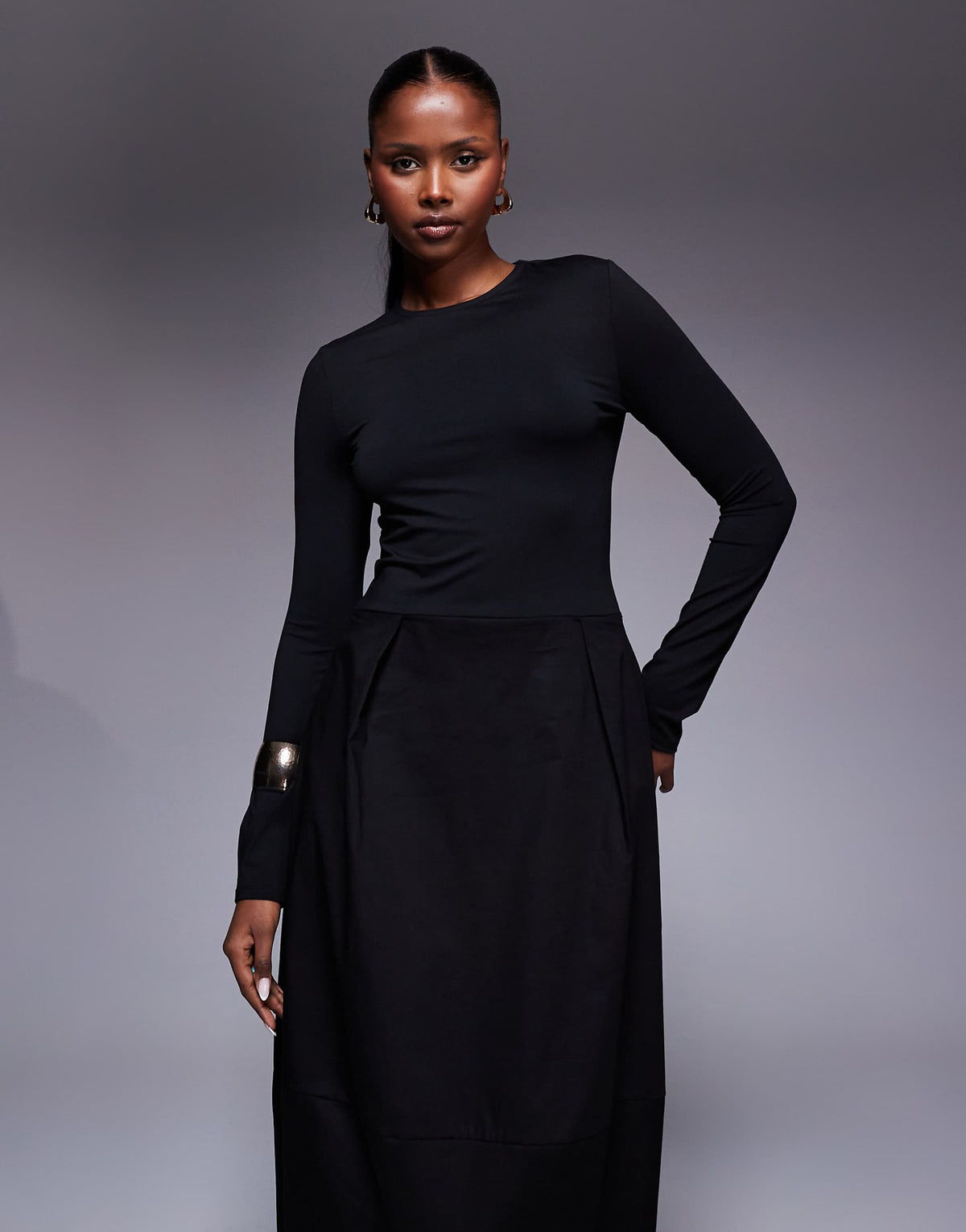 ASOS DESIGN hybrid long sleeve cocoon skirt midi dress in black