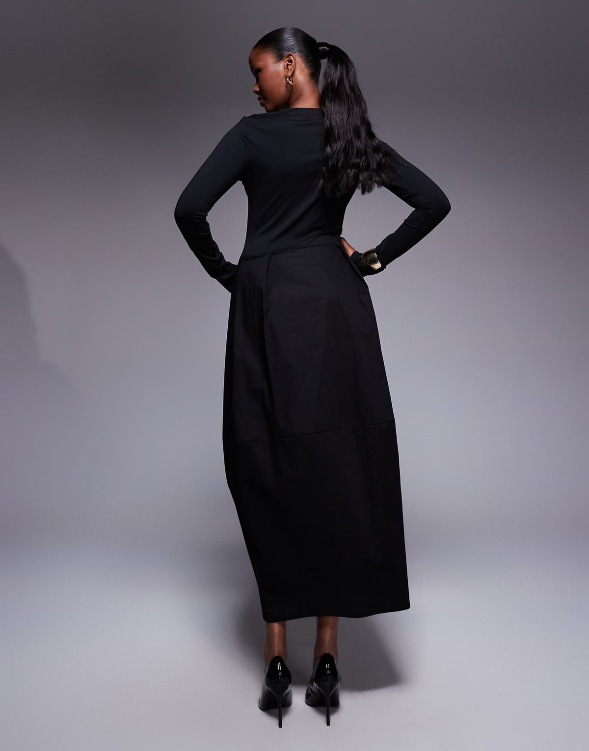 ASOS DESIGN hybrid long sleeve cocoon skirt midi dress in black