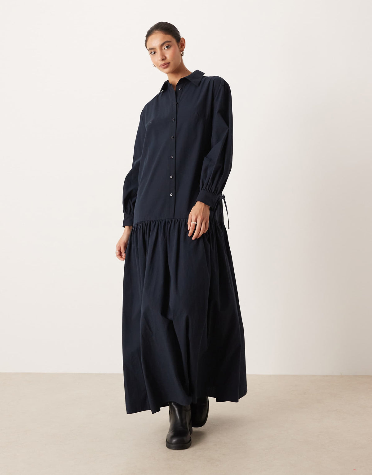 ASOS DESIGN long sleeved tie detail maxi shirt dress in navy