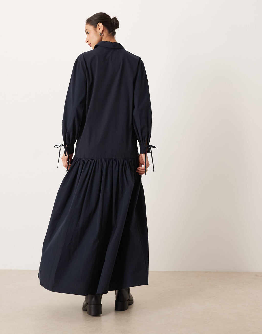 ASOS DESIGN long sleeved tie detail maxi shirt dress in navy
