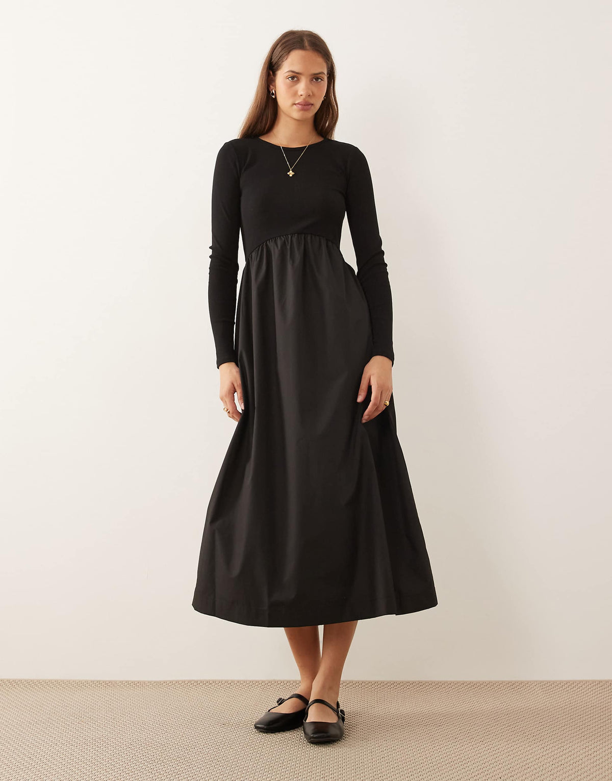 Threadbare long sleeve jersey poplin mix midi dress in black