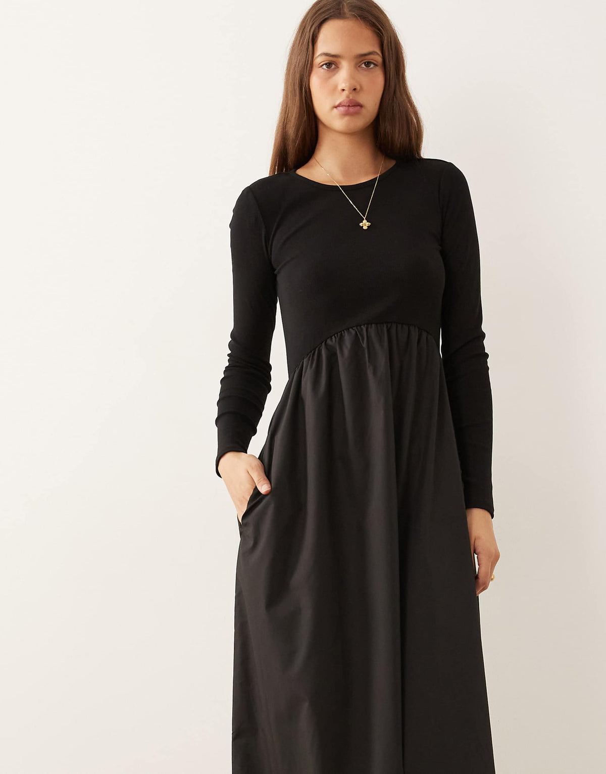 Threadbare long sleeve jersey poplin mix midi dress in black