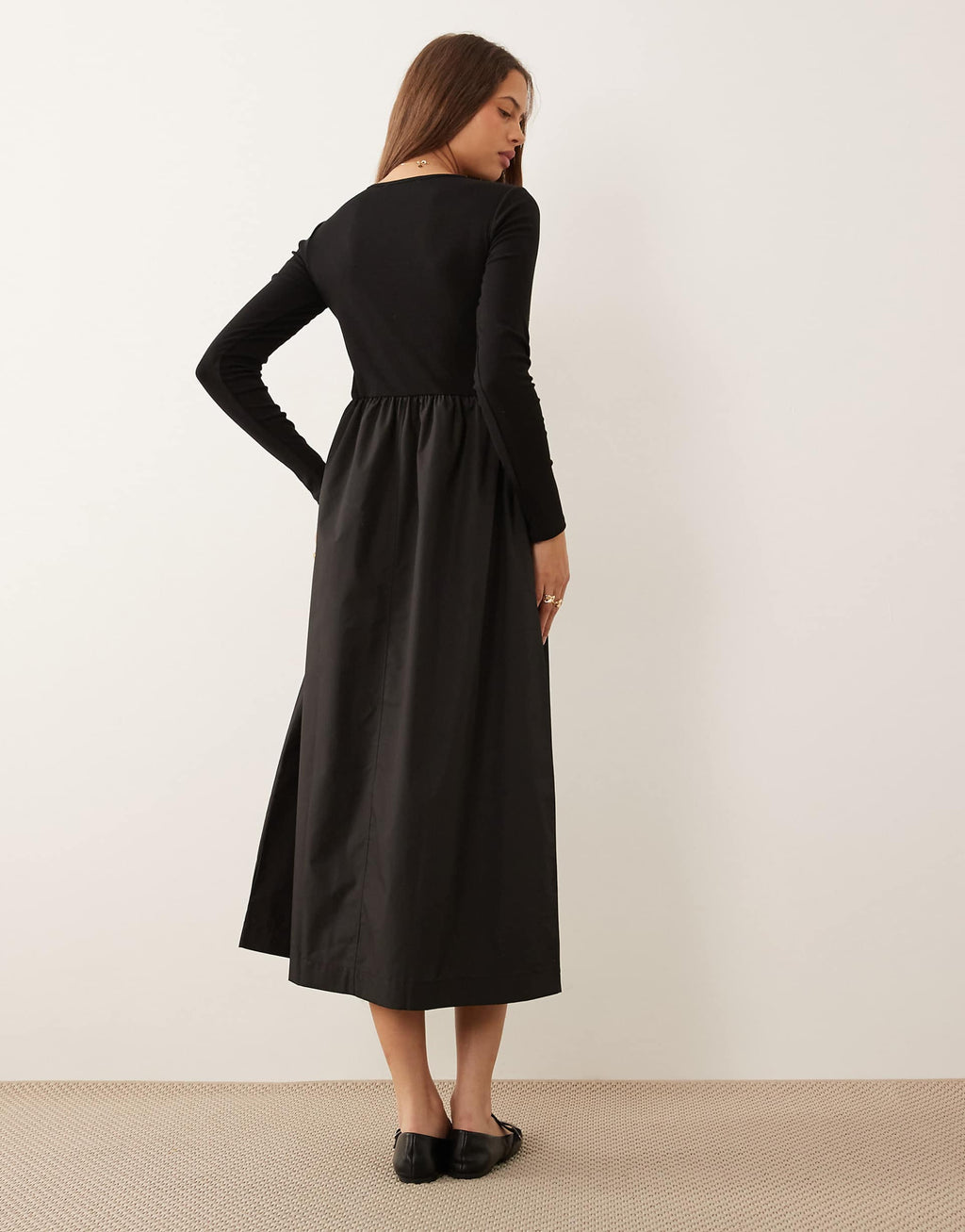 Threadbare long sleeve jersey poplin mix midi dress in black