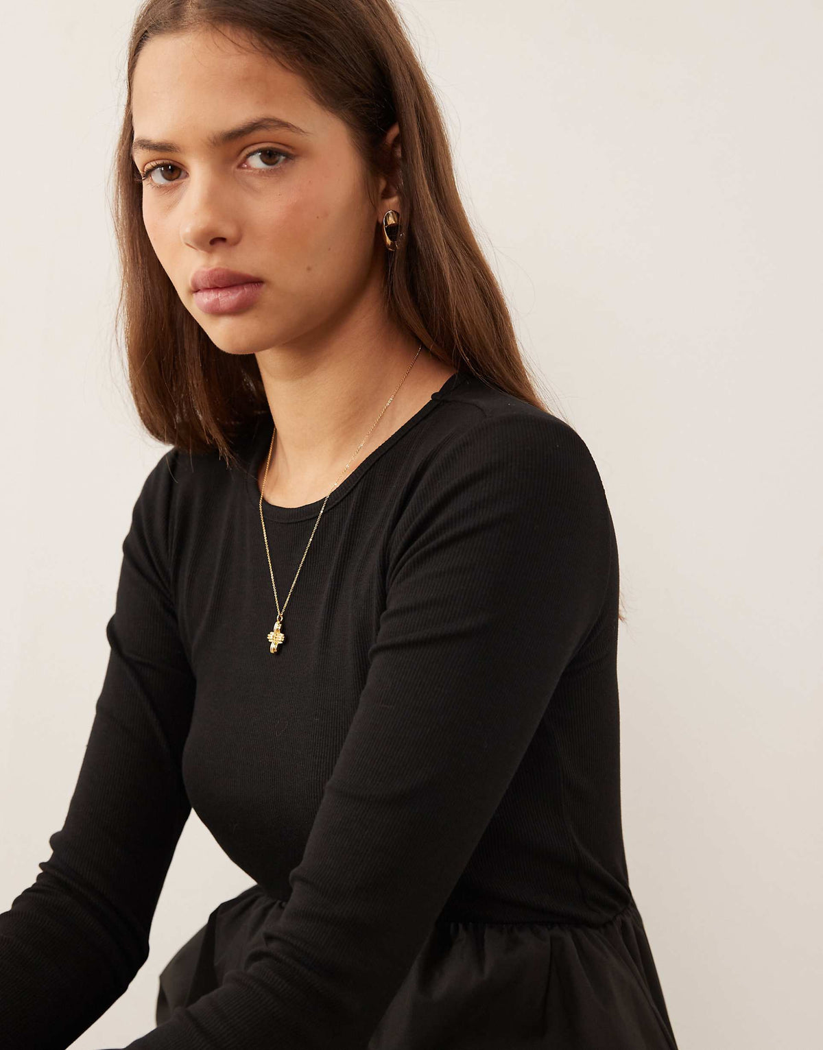 Threadbare long sleeve jersey poplin mix midi dress in black