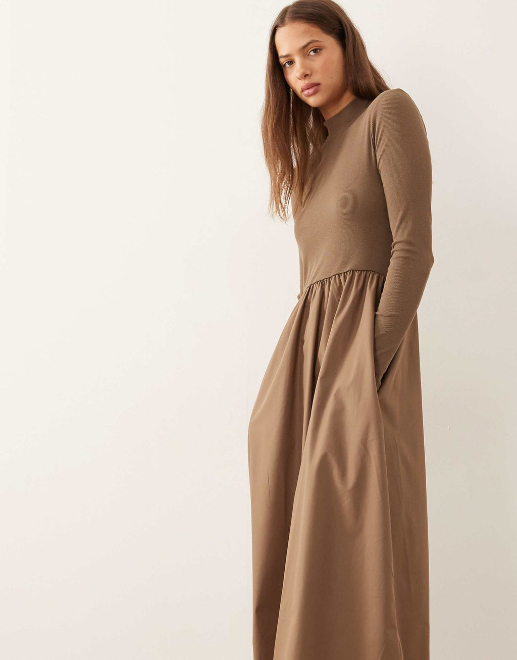 Threadbare high neck jersey poplin mix midi dress in mocha
