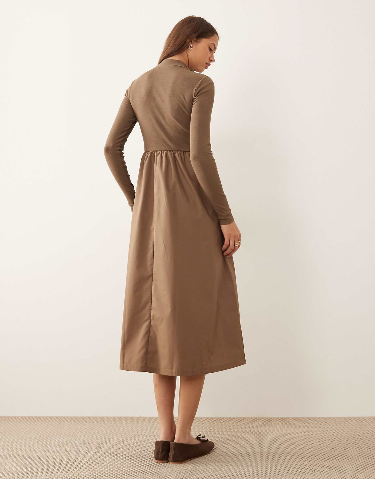 Threadbare high neck jersey poplin mix midi dress in mocha