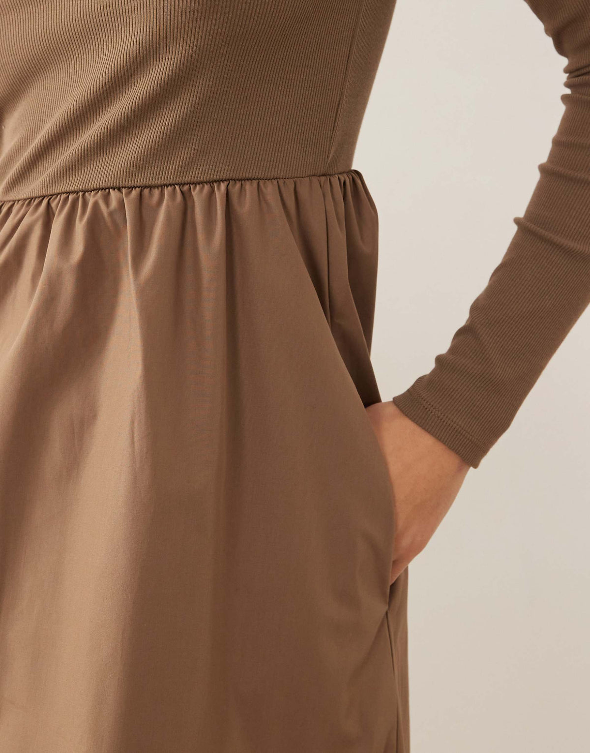 Threadbare high neck jersey poplin mix midi dress in mocha
