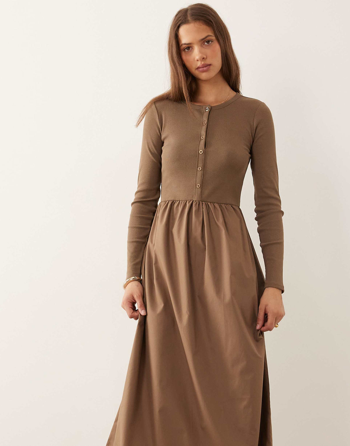 Threadbare jersey poplin mix midi dress with button up top in mocha