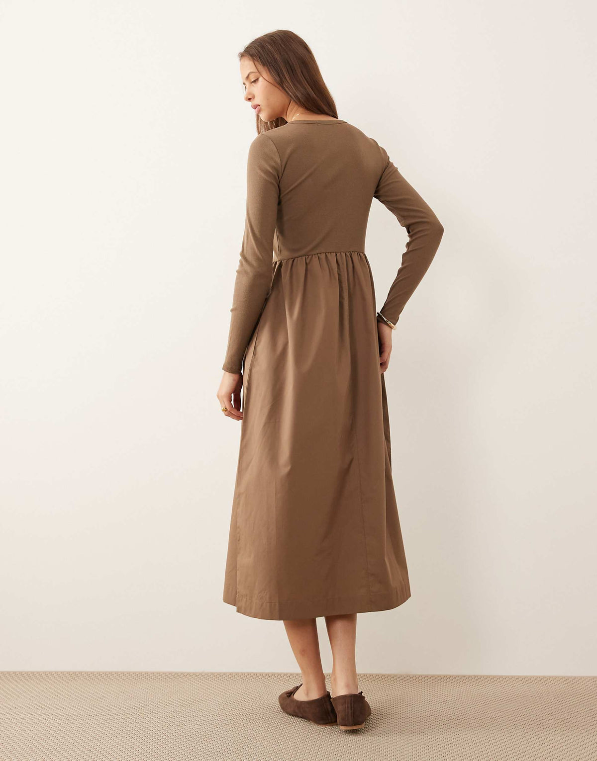 Threadbare jersey poplin mix midi dress with button up top in mocha