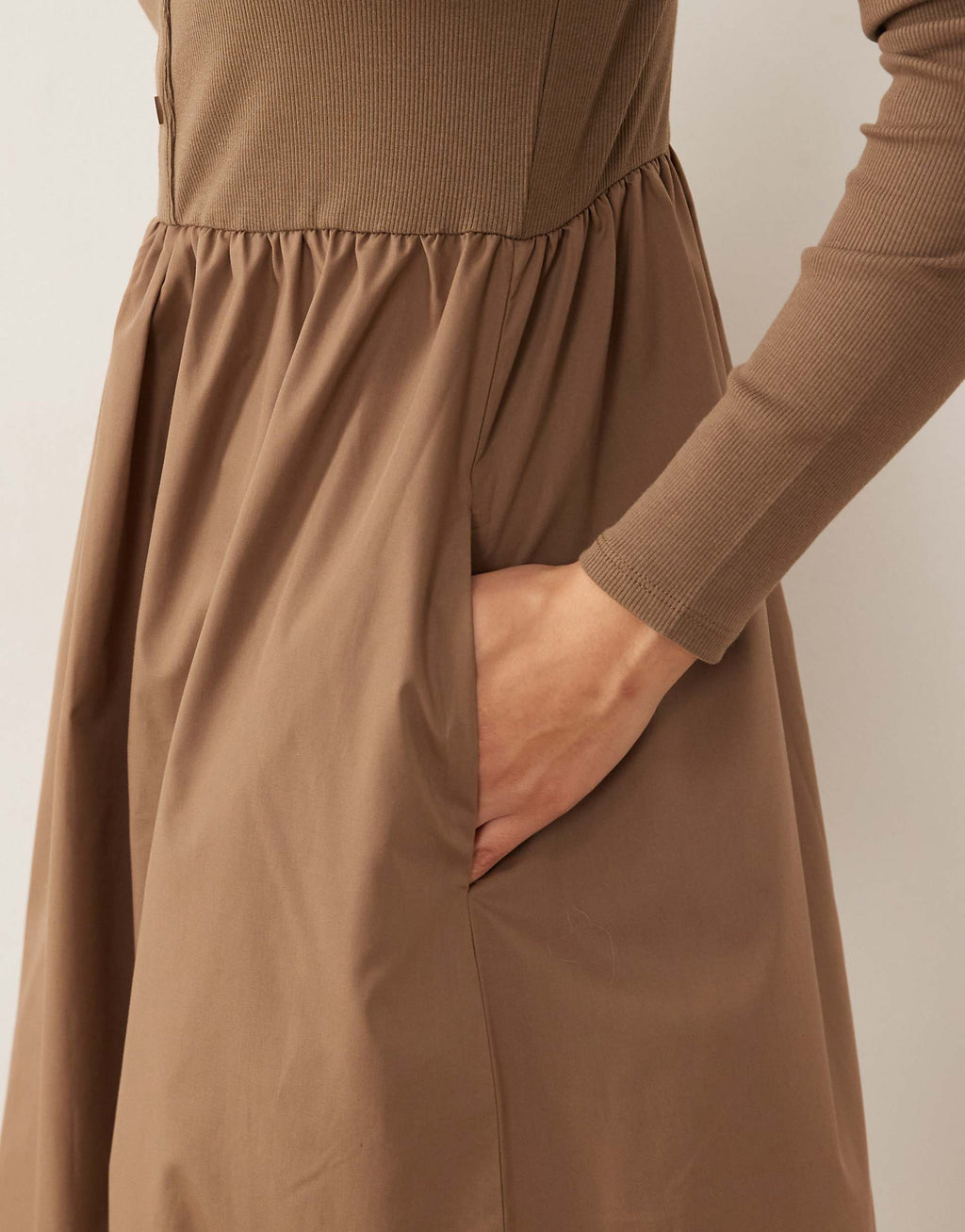 Threadbare jersey poplin mix midi dress with button up top in mocha