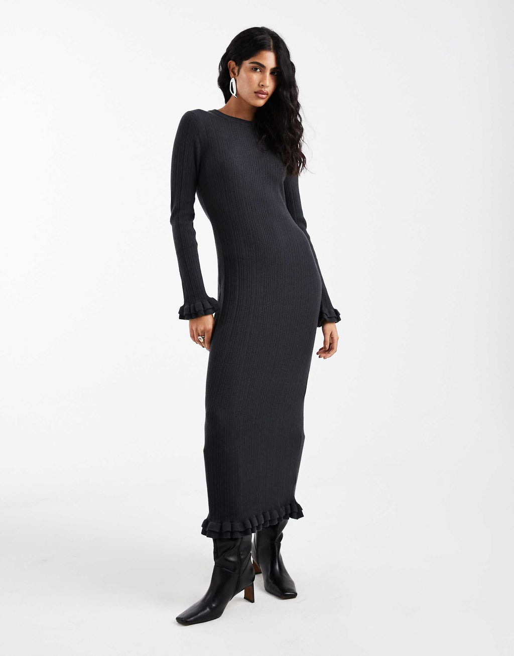 ASOS DESIGN rib knit frill sleeve maxi dress in charcoal