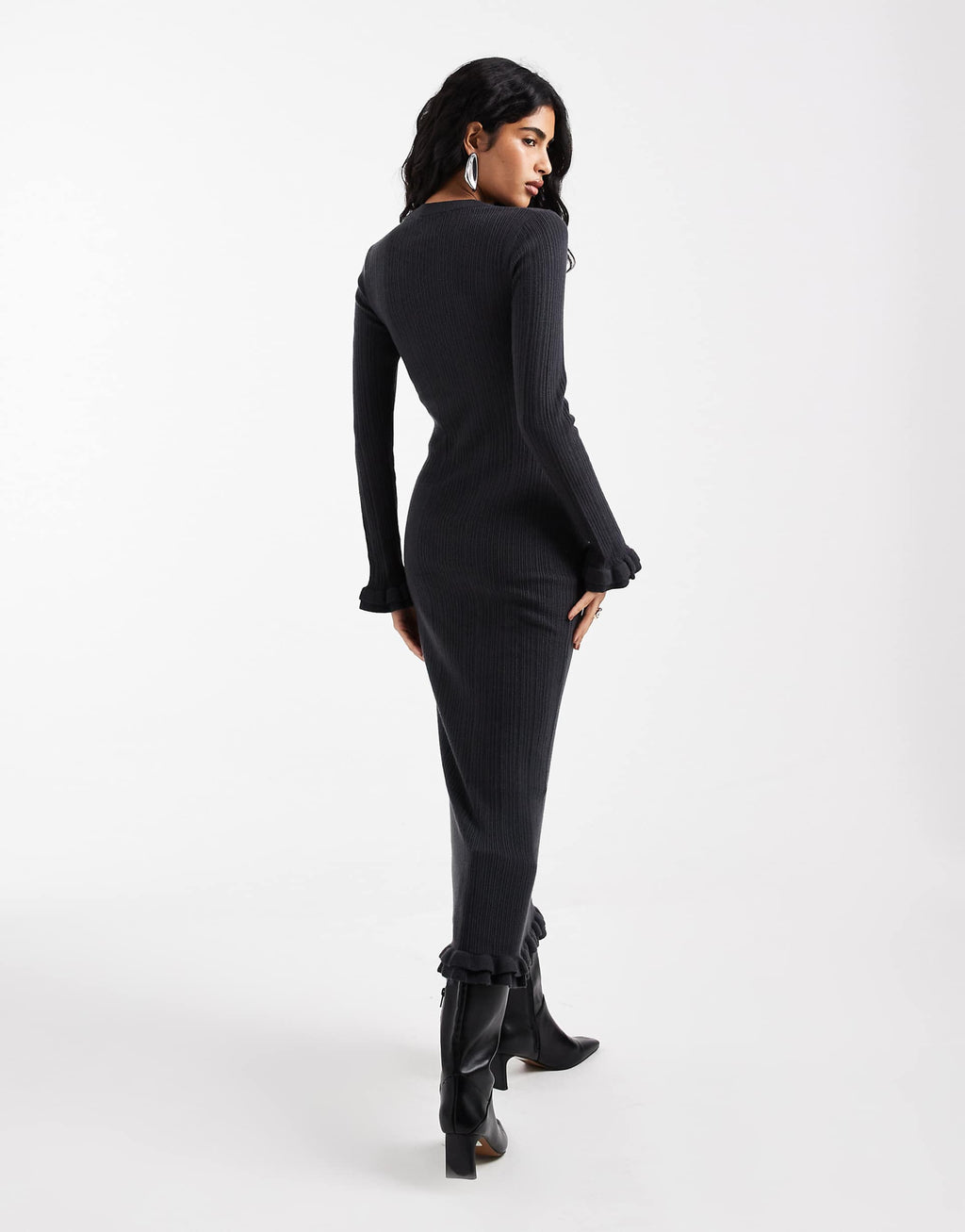 ASOS DESIGN rib knit frill sleeve maxi dress in charcoal