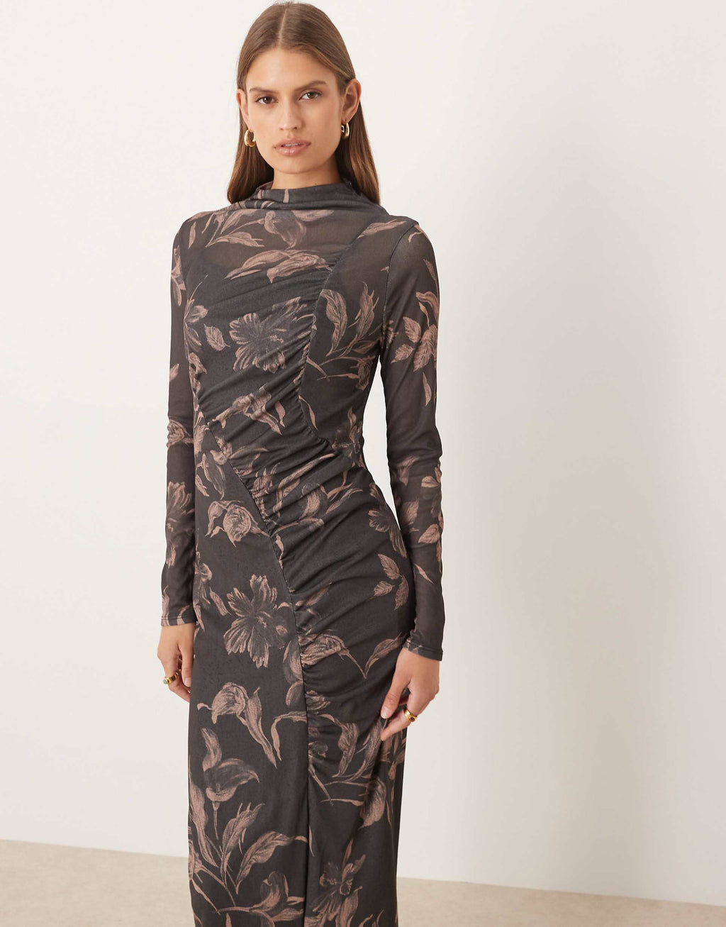ASOS DESIGN long sleeve drape ruched front detail midi dress in dark print