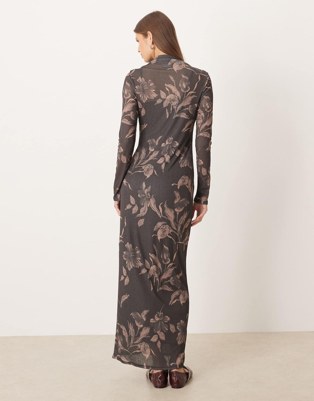 ASOS DESIGN long sleeve drape ruched front detail midi dress in dark print