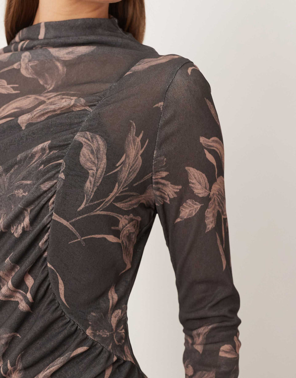 ASOS DESIGN long sleeve drape ruched front detail midi dress in dark print