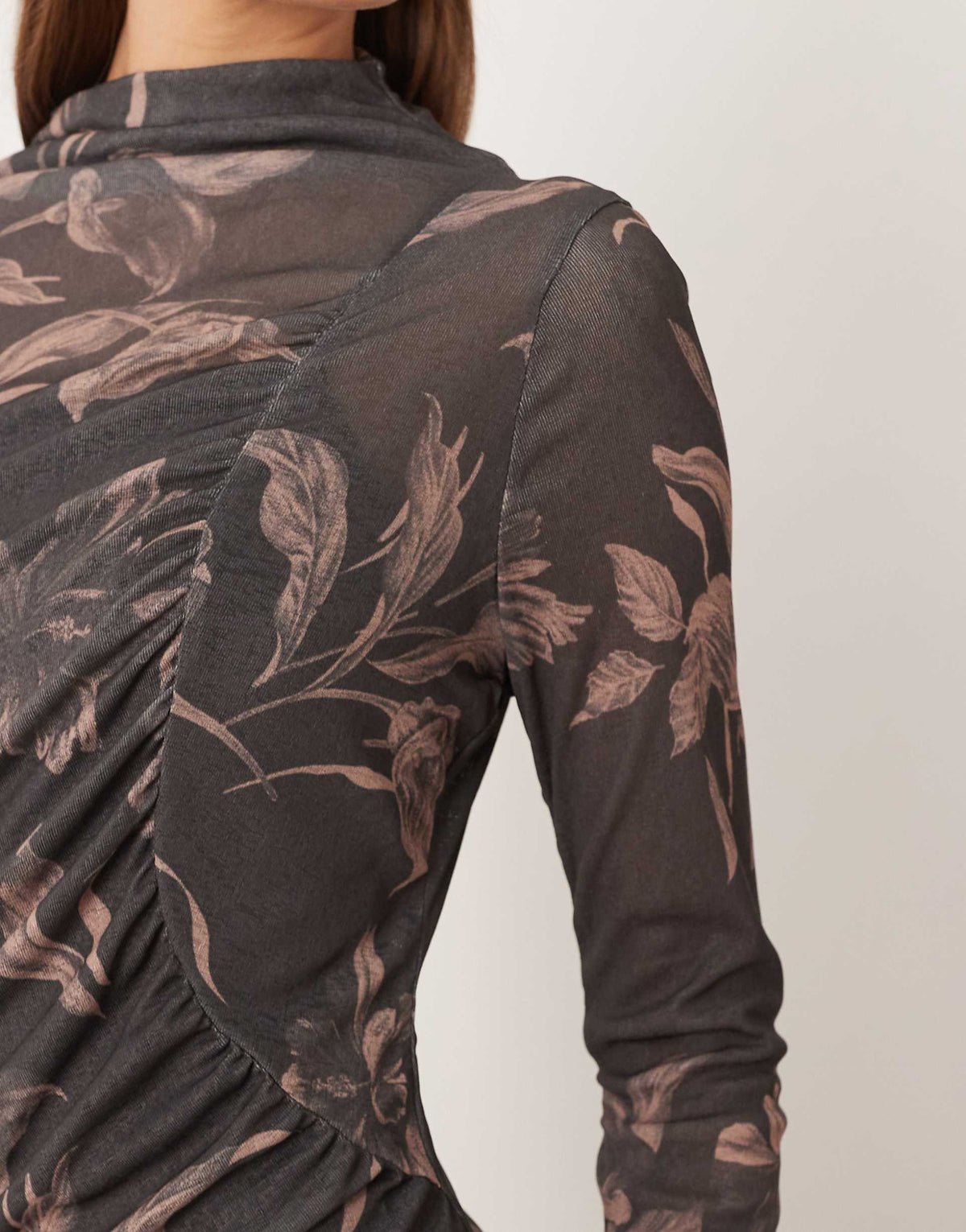 ASOS DESIGN long sleeve drape ruched front detail midi dress in dark print