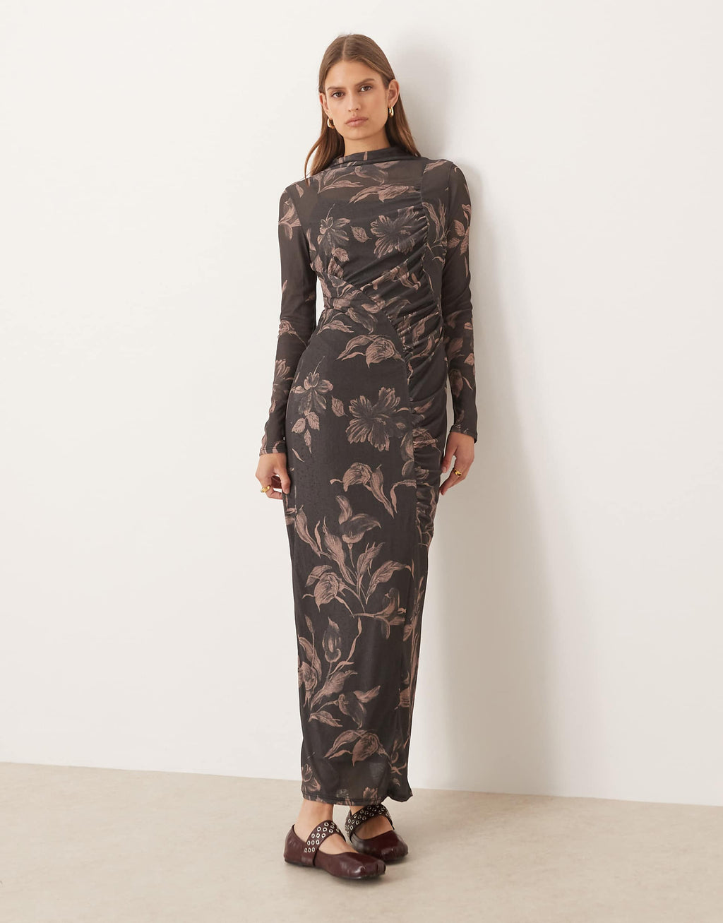 ASOS DESIGN long sleeve drape ruched front detail midi dress in dark print